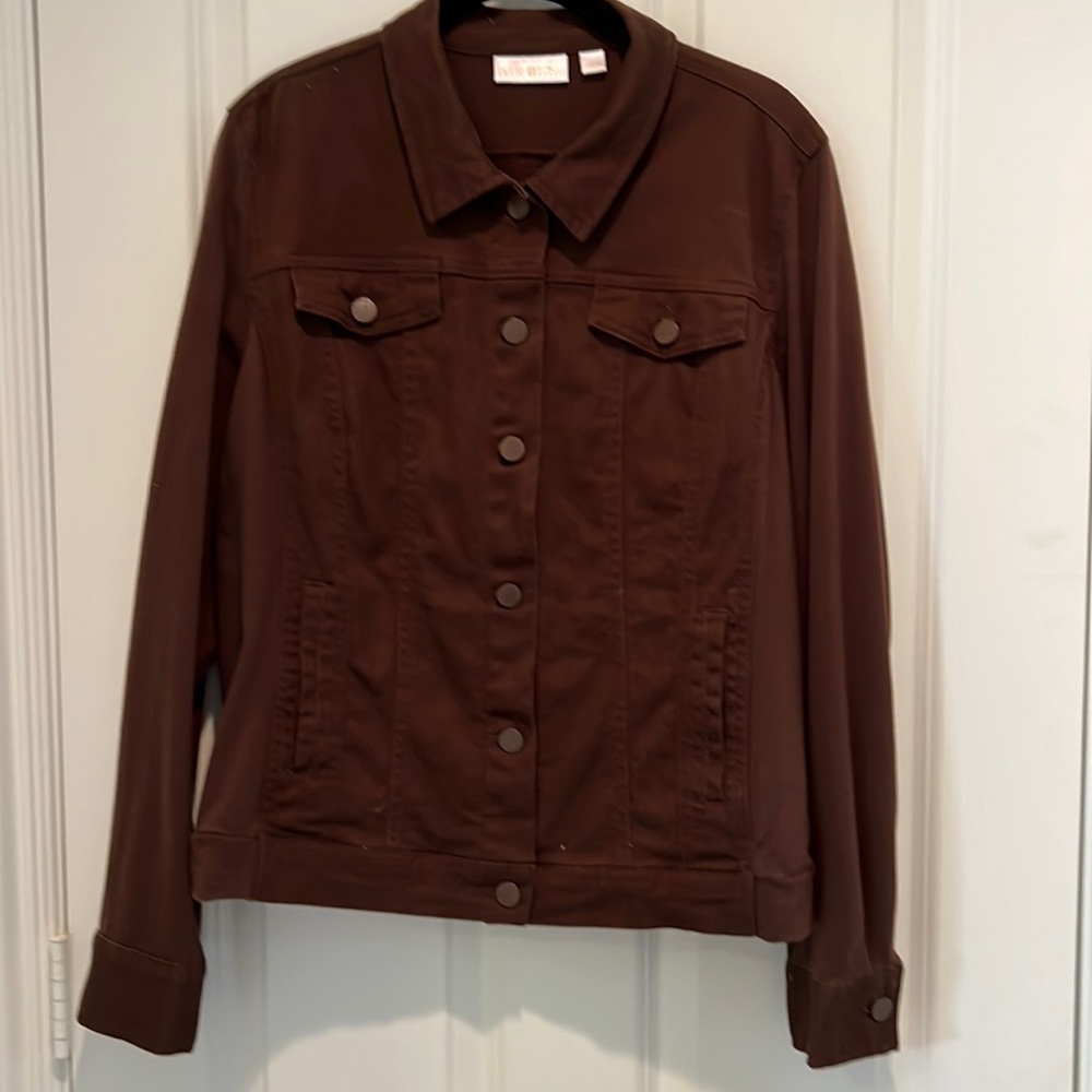 Denim jacket. Front & cuffs are denim & back and sleeves are knit material.